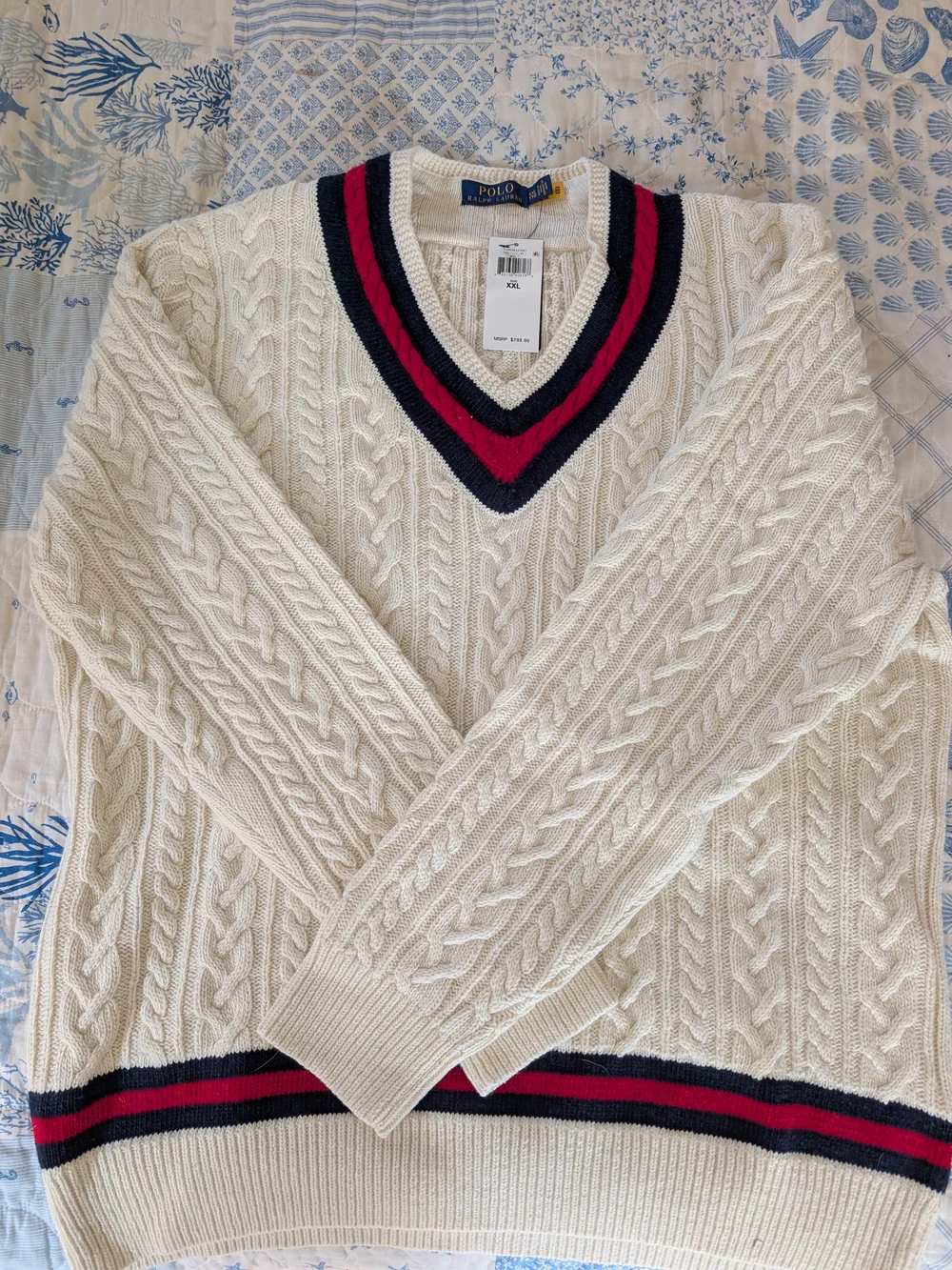 Polo by Ralph Lauren Cream Cable-Knit V-Neck Sweater with Navy & Red Trim